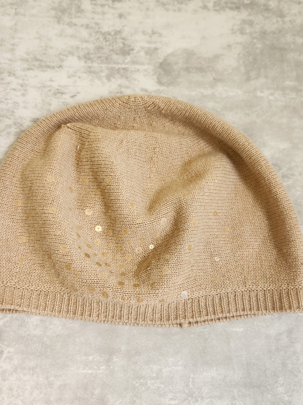 Fraas Beige Knit Beanie with Gold Sequins